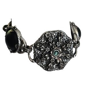 Vtg Lucky Brand Knights Iron Cross Gothic Black Cabochon Floral Toggle Bracelet